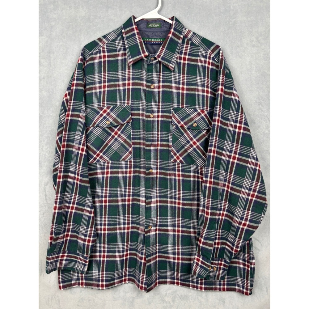 Claybrooke Outdoors Mens XL Plaid Flannel Shirt Green Blue Red Acrylic LS
